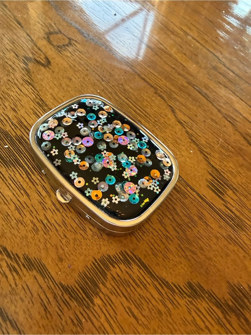 Sparkly Black Resin Travel Pill Case with Mirror & 3 Compartments